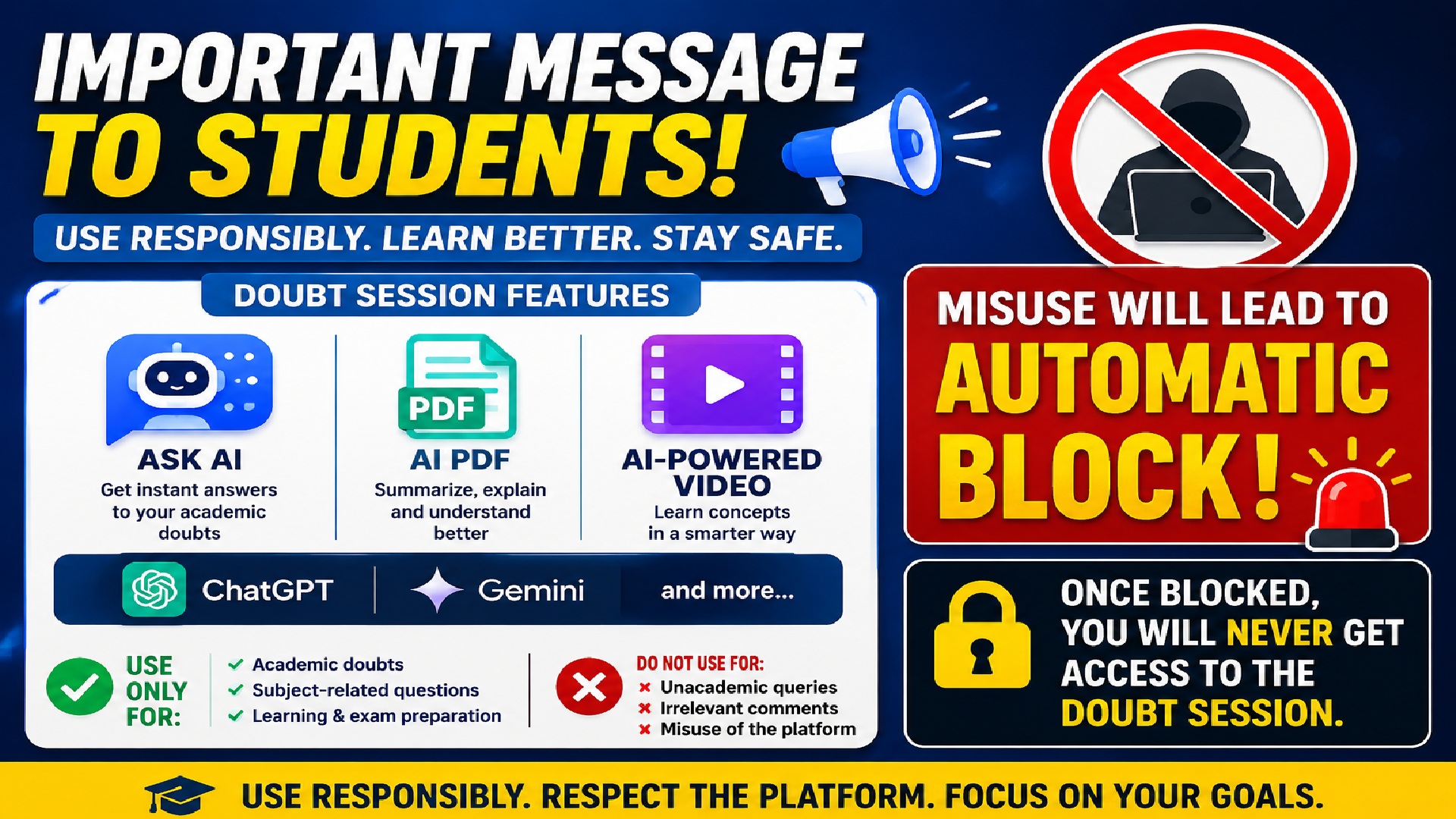 🔒 NON-ACADEMIC USE OF AI FEATURES WILL BE BLOCKED FROM DOUBT SESSION 🚫